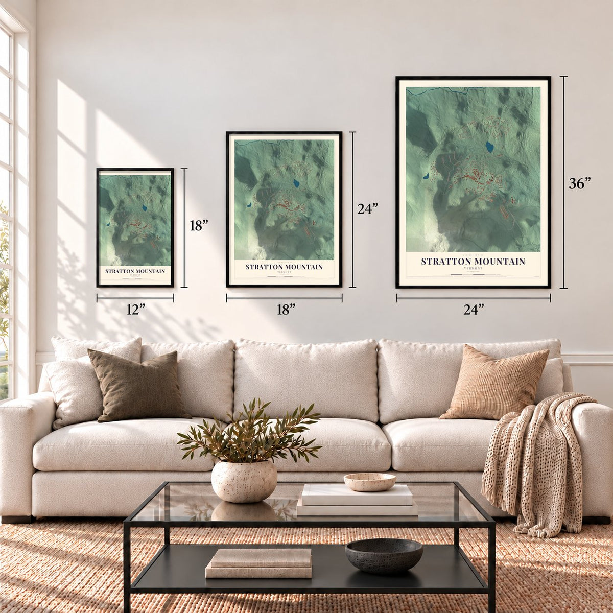 Stratton Mountain, Vermont map in 12 x 18, 18 x 24 and 24 x 36 inch sizes above a sofa