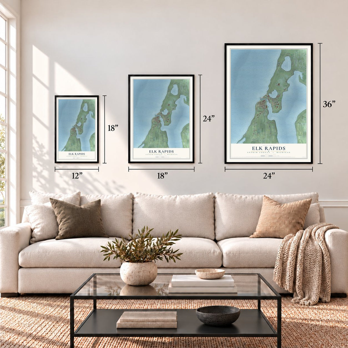 Elk Rapids, Antrim County, Michigan map in 12 x 18, 18 x 24 and 24 x 36 inch sizes above a sofa