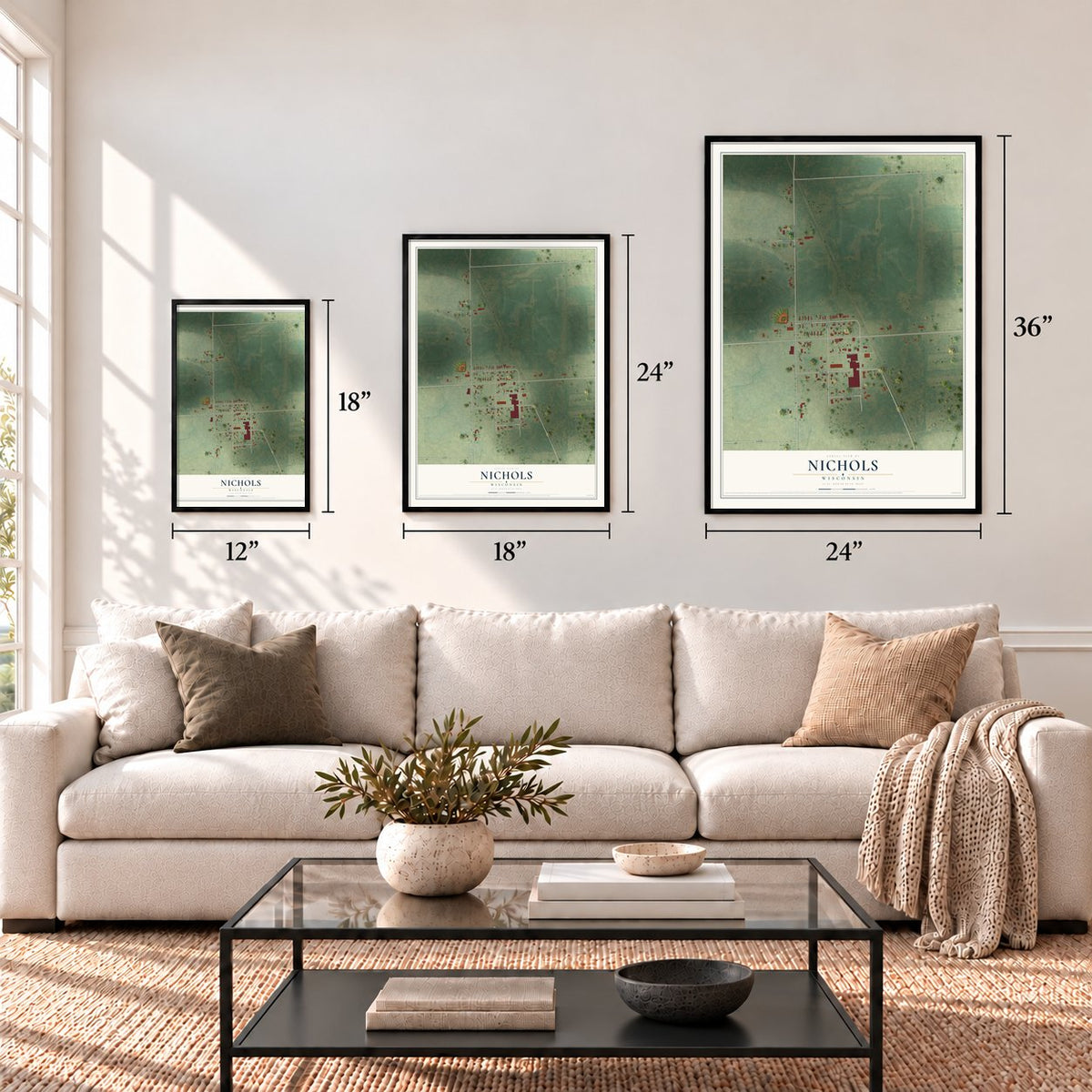 Nichols, Wisconsin map in 12 x 18, 18 x 24 and 24 x 36 inch sizes above a sofa