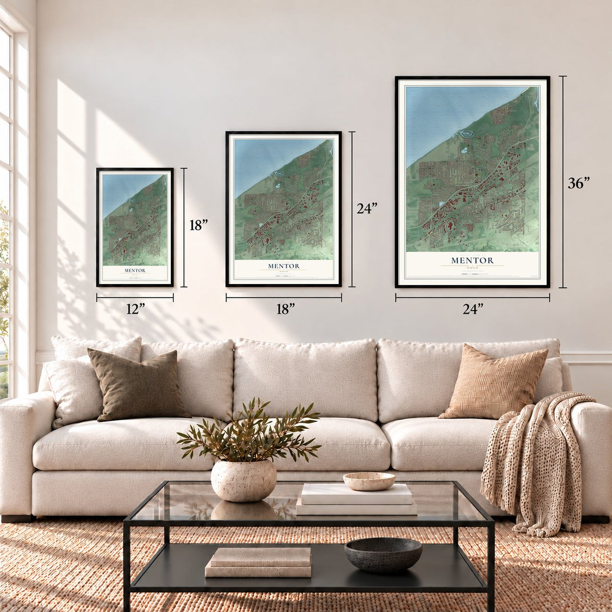 Mentor, Ohio map in 12 x 18, 18 x 24 and 24 x 36 inch sizes above a sofa