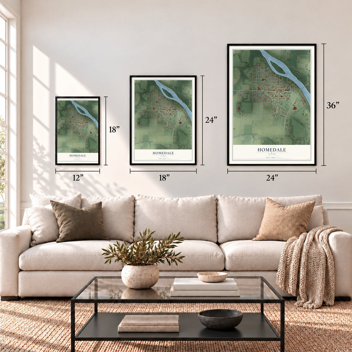 Homedale, Idaho map in 12 x 18, 18 x 24 and 24 x 36 inch sizes above a sofa