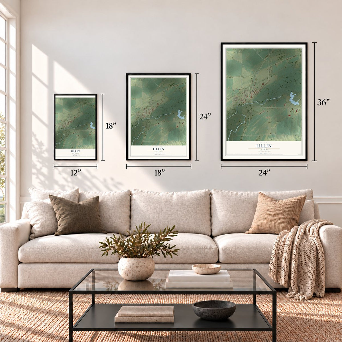 Ullin, Illinois map in 12 x 18, 18 x 24 and 24 x 36 inch sizes above a sofa