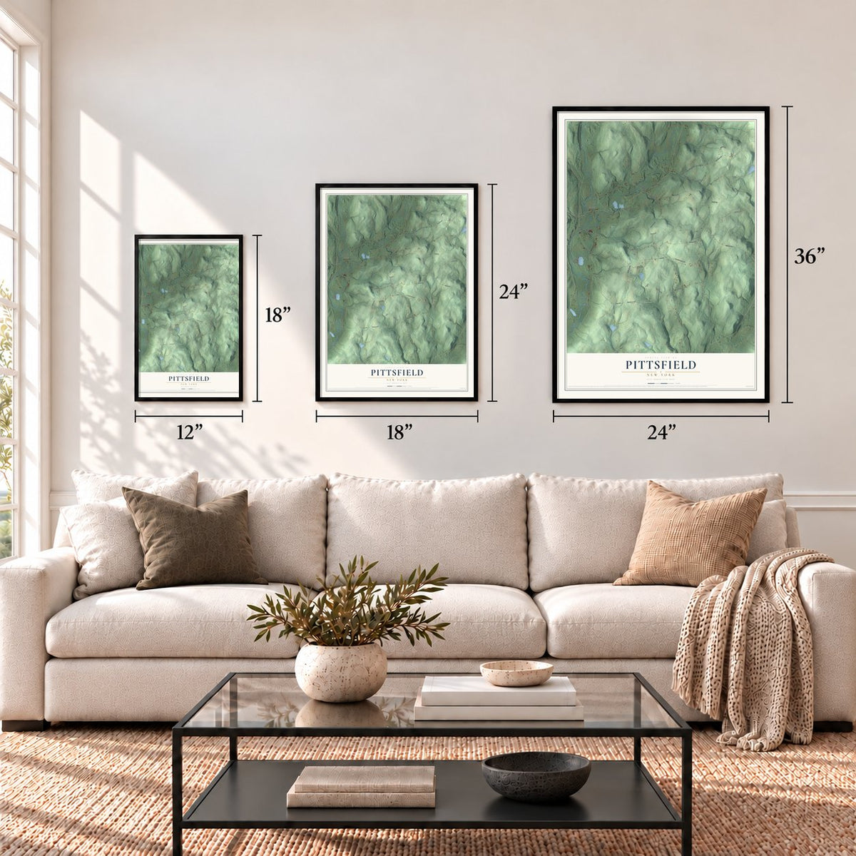 Pittsfield, New York map in 12 x 18, 18 x 24 and 24 x 36 inch sizes above a sofa