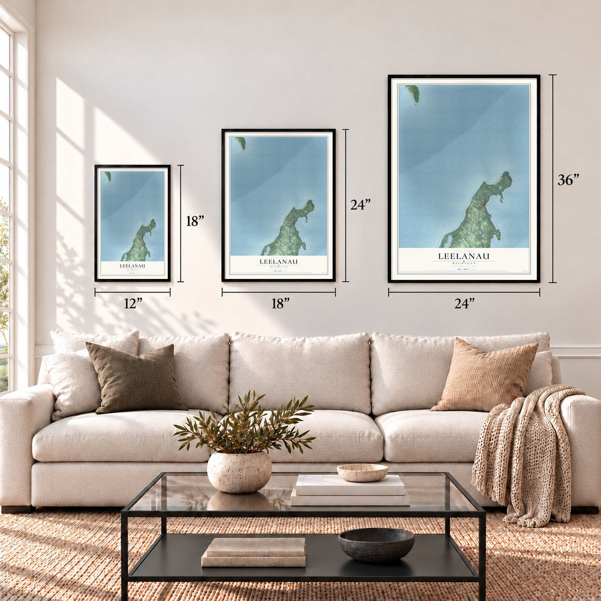 Leelanau, Michigan map in 12 x 18, 18 x 24 and 24 x 36 inch sizes above a sofa