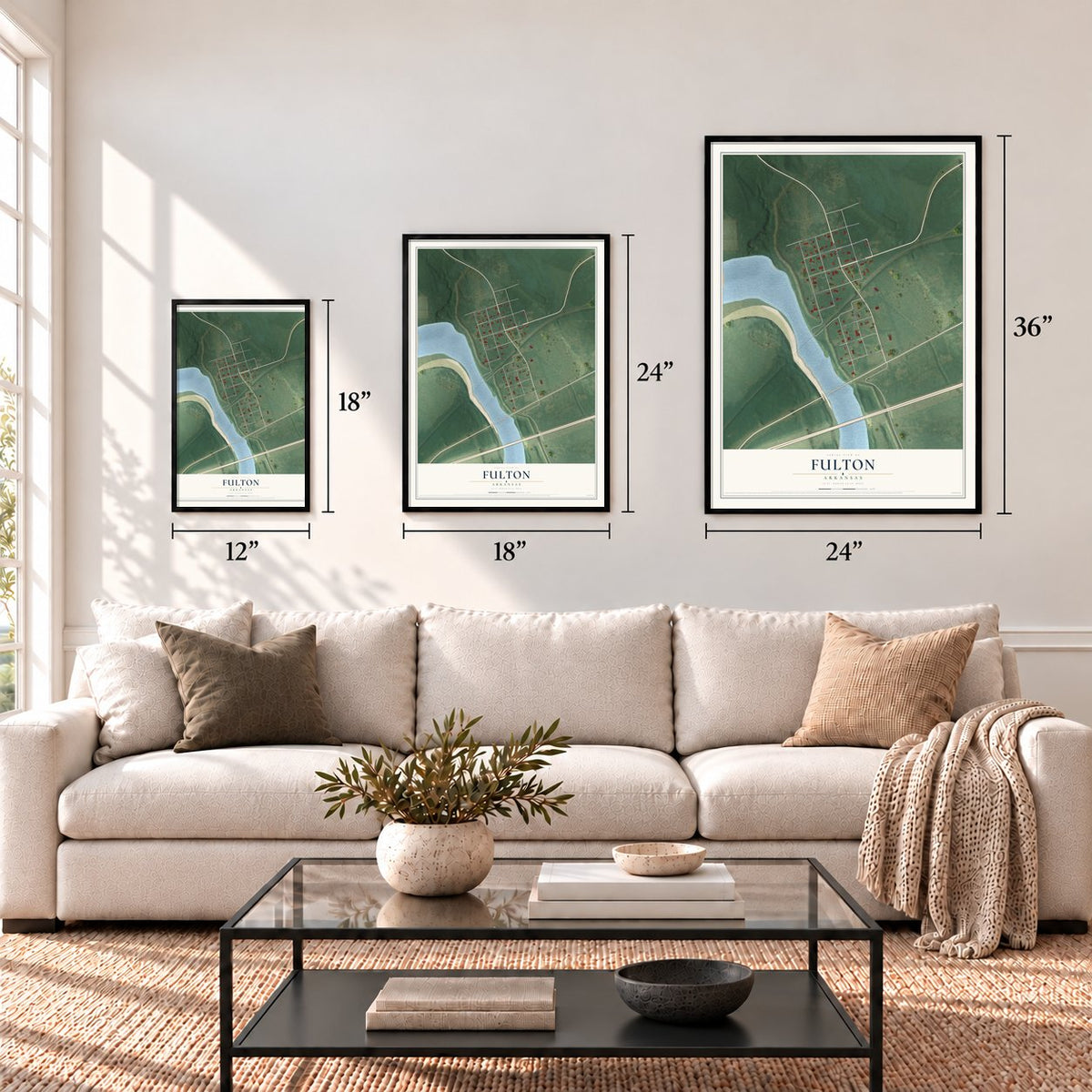 Fulton, Arkansas map in 12 x 18, 18 x 24 and 24 x 36 inch sizes above a sofa