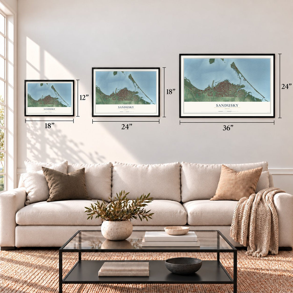 Sandusky, Ohio map in 12 x 18, 18 x 24 and 24 x 36 inch sizes above a sofa