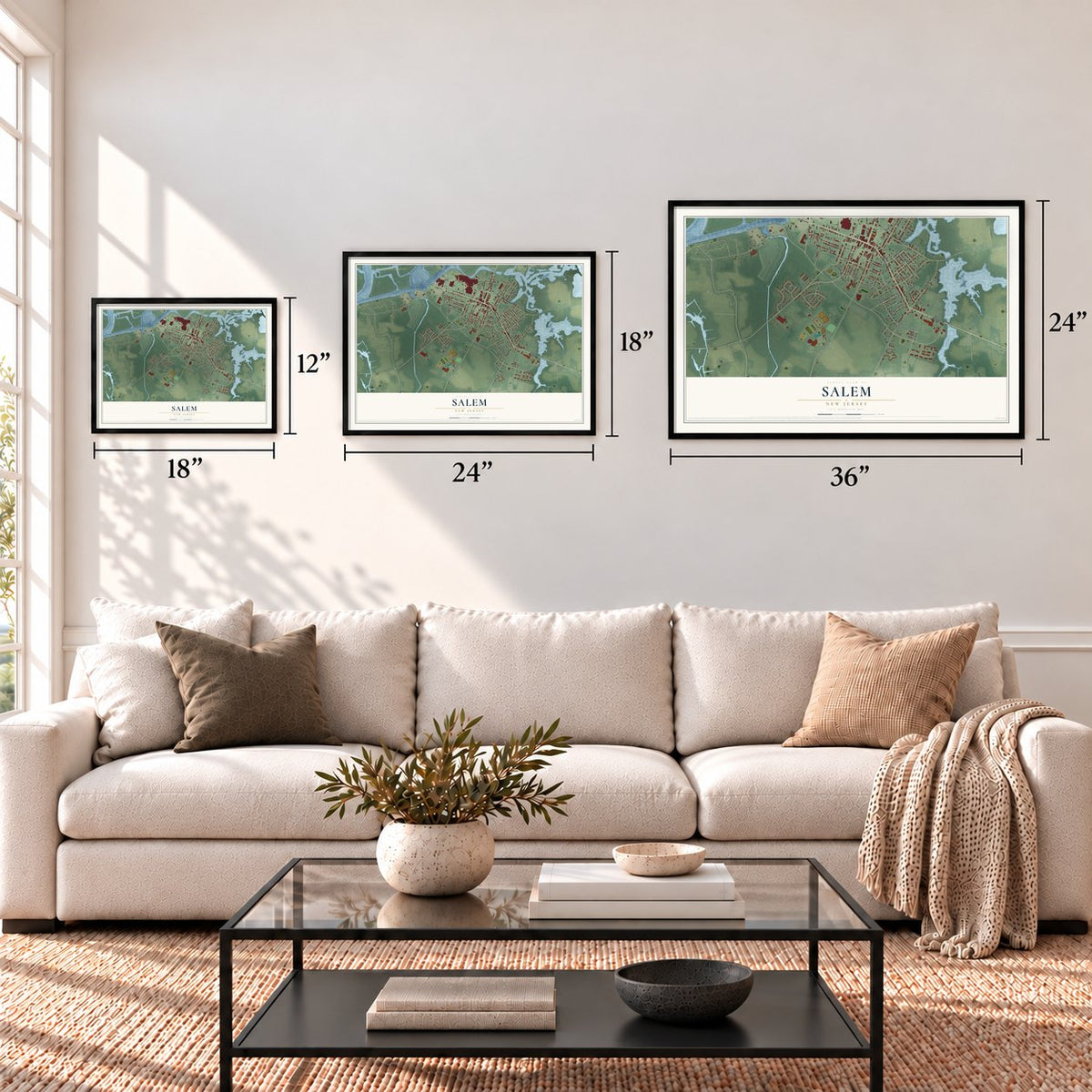 Salem, New Jersey map in 12 x 18, 18 x 24 and 24 x 36 inch sizes above a sofa