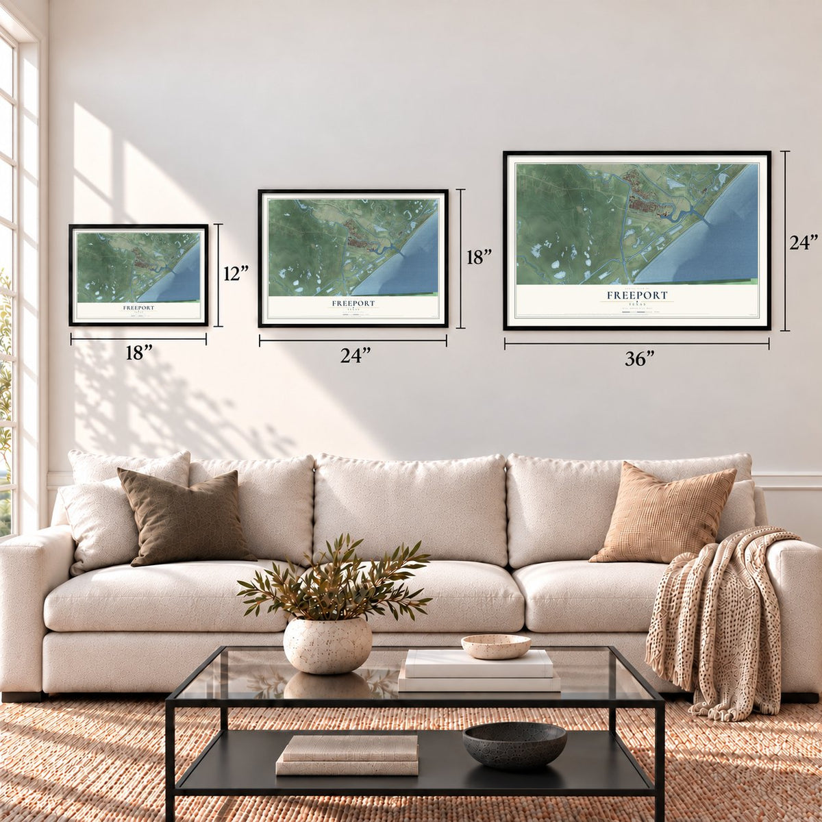 Freeport, Texas map in 12 x 18, 18 x 24 and 24 x 36 inch sizes above a sofa