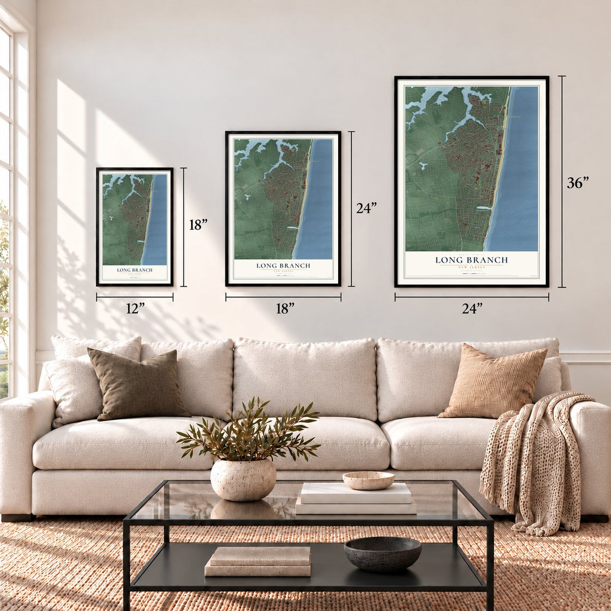 Long Branch, New Jersey map in 12 x 18, 18 x 24 and 24 x 36 inch sizes above a sofa