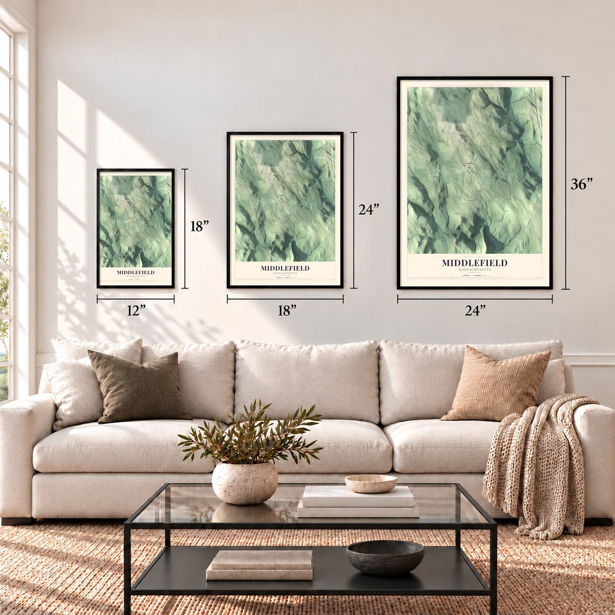 Middlefield, Massachusetts map in 12 x 18, 18 x 24 and 24 x 36 inch sizes above a sofa