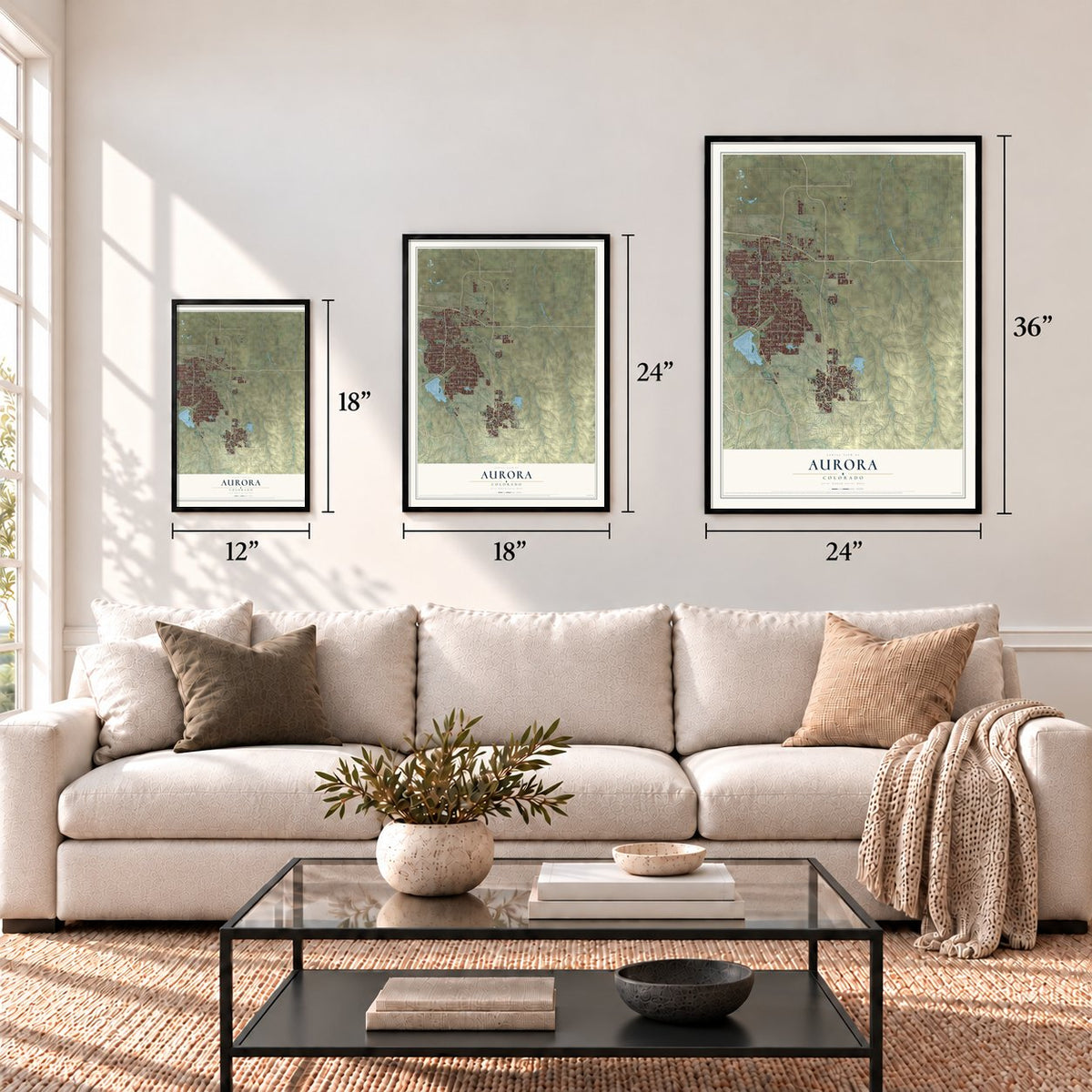 Aurora, Colorado map in 12 x 18, 18 x 24 and 24 x 36 inch sizes above a sofa