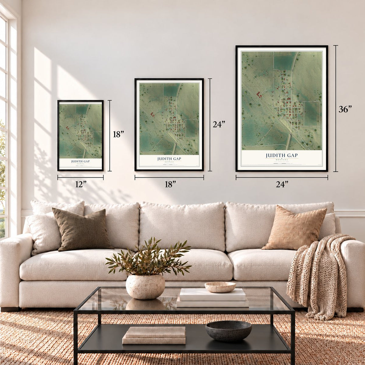 Judith Gap, Montana map in 12 x 18, 18 x 24 and 24 x 36 inch sizes above a sofa