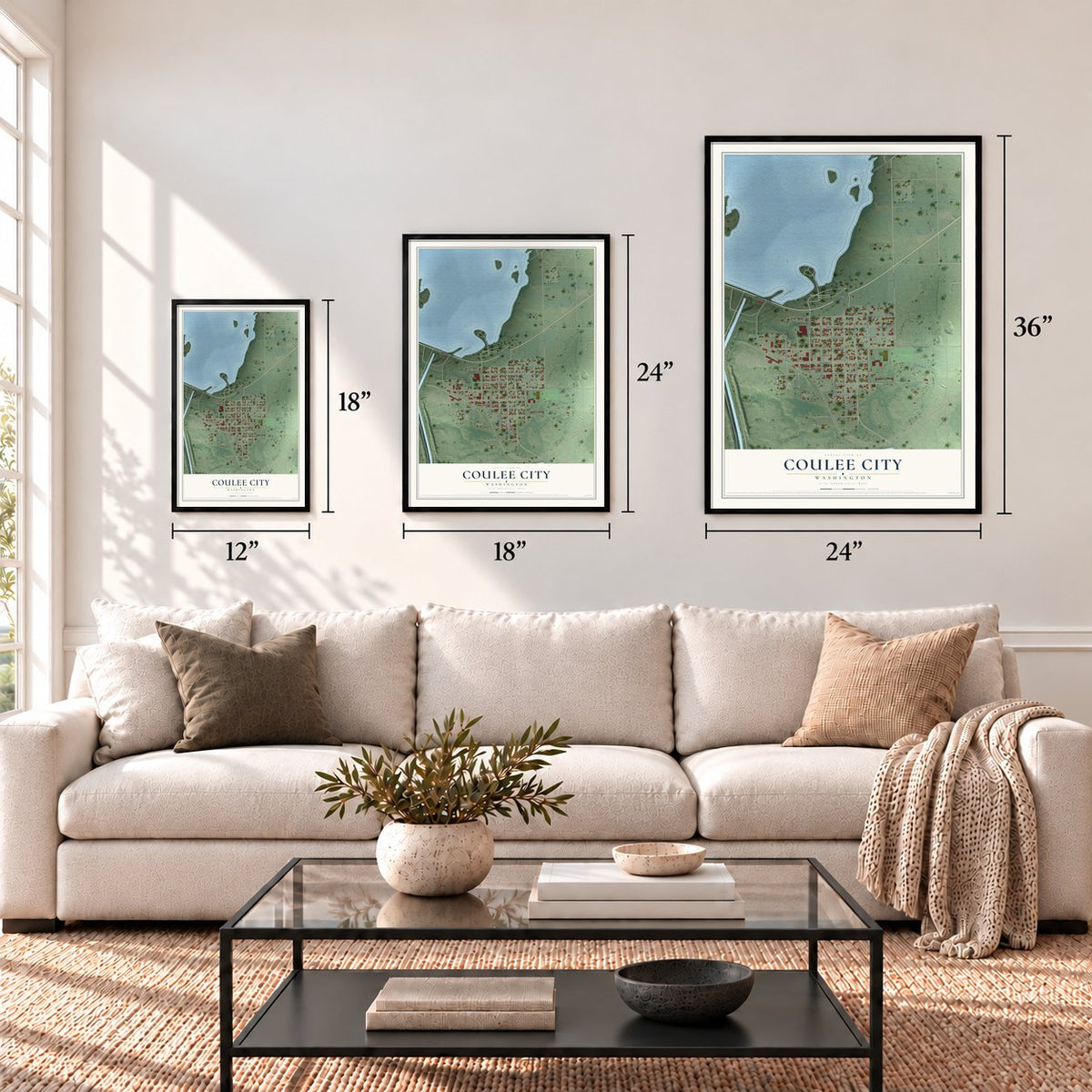 Coulee City, Washington map in 12 x 18, 18 x 24 and 24 x 36 inch sizes above a sofa