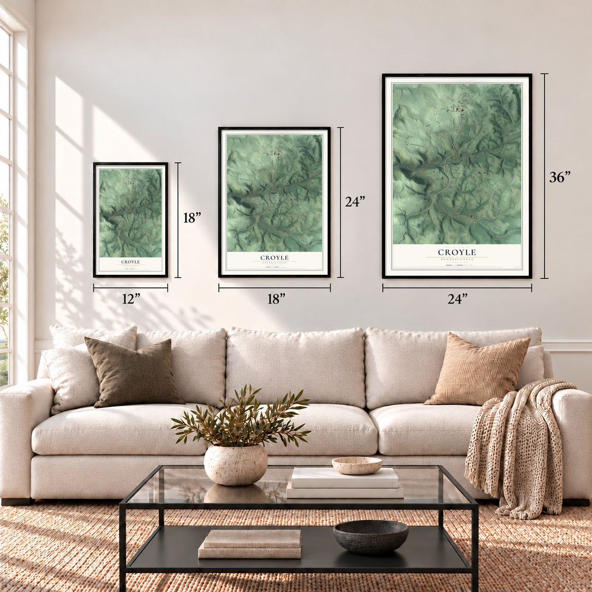 Croyle, Pennsylvania map in 12 x 18, 18 x 24 and 24 x 36 inch sizes above a sofa
