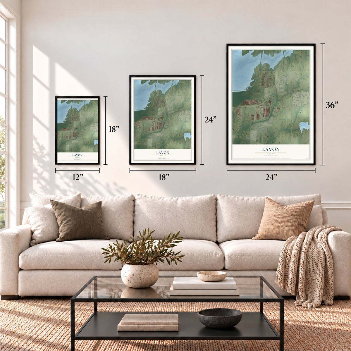 Lavon, Texas map in 12 x 18, 18 x 24 and 24 x 36 inch sizes above a sofa