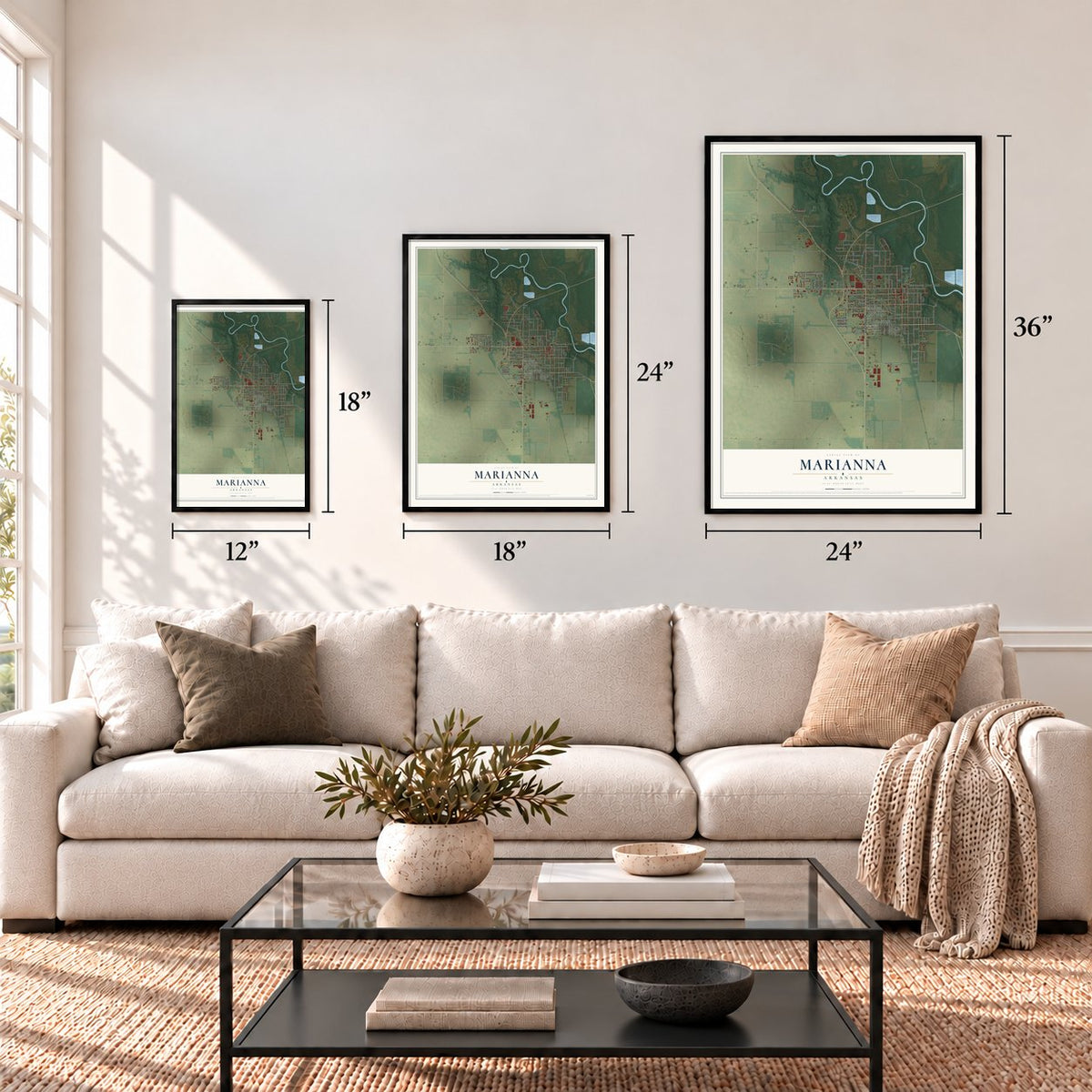 Marianna, Arkansas map in 12 x 18, 18 x 24 and 24 x 36 inch sizes above a sofa