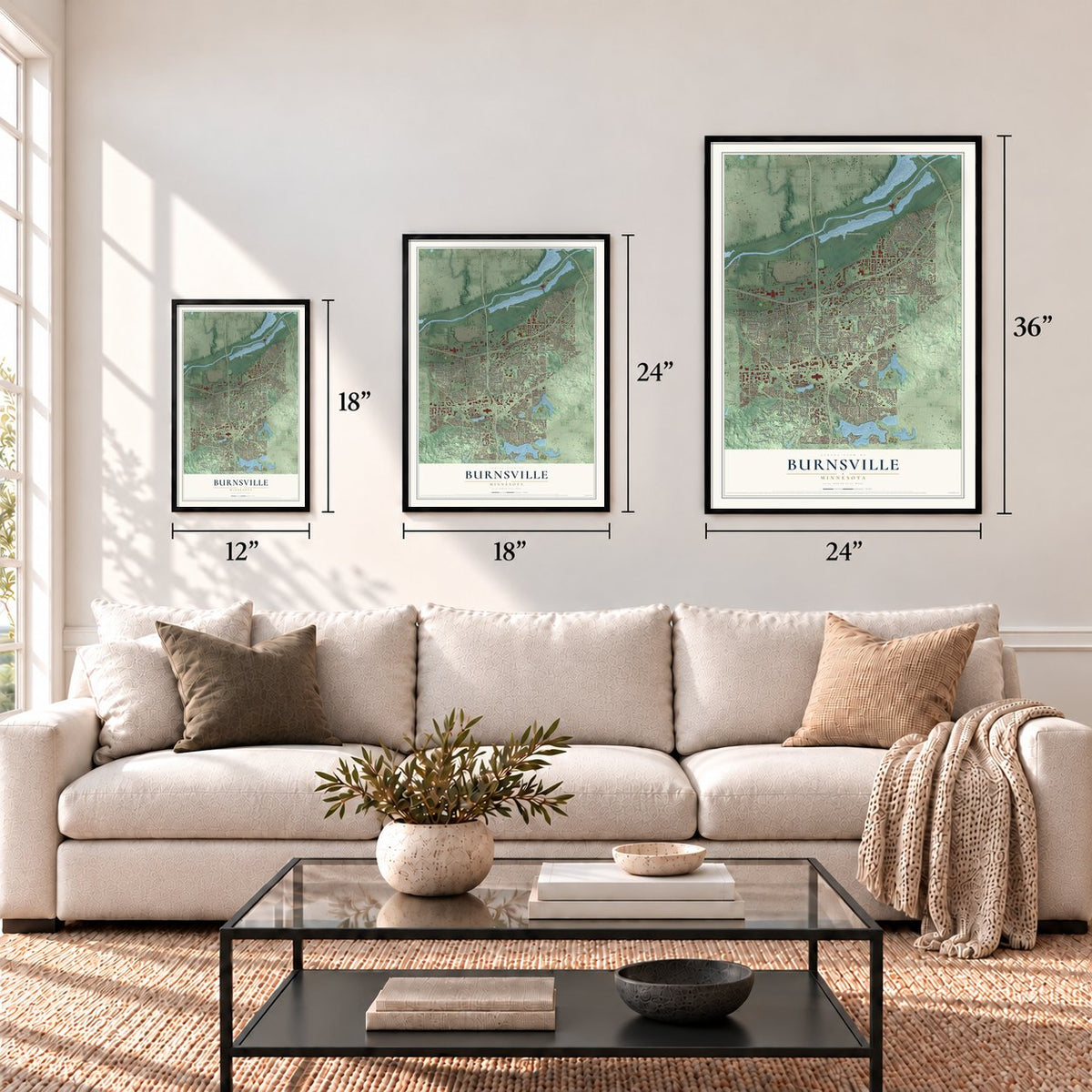 Burnsville, Minnesota map in 12 x 18, 18 x 24 and 24 x 36 inch sizes above a sofa