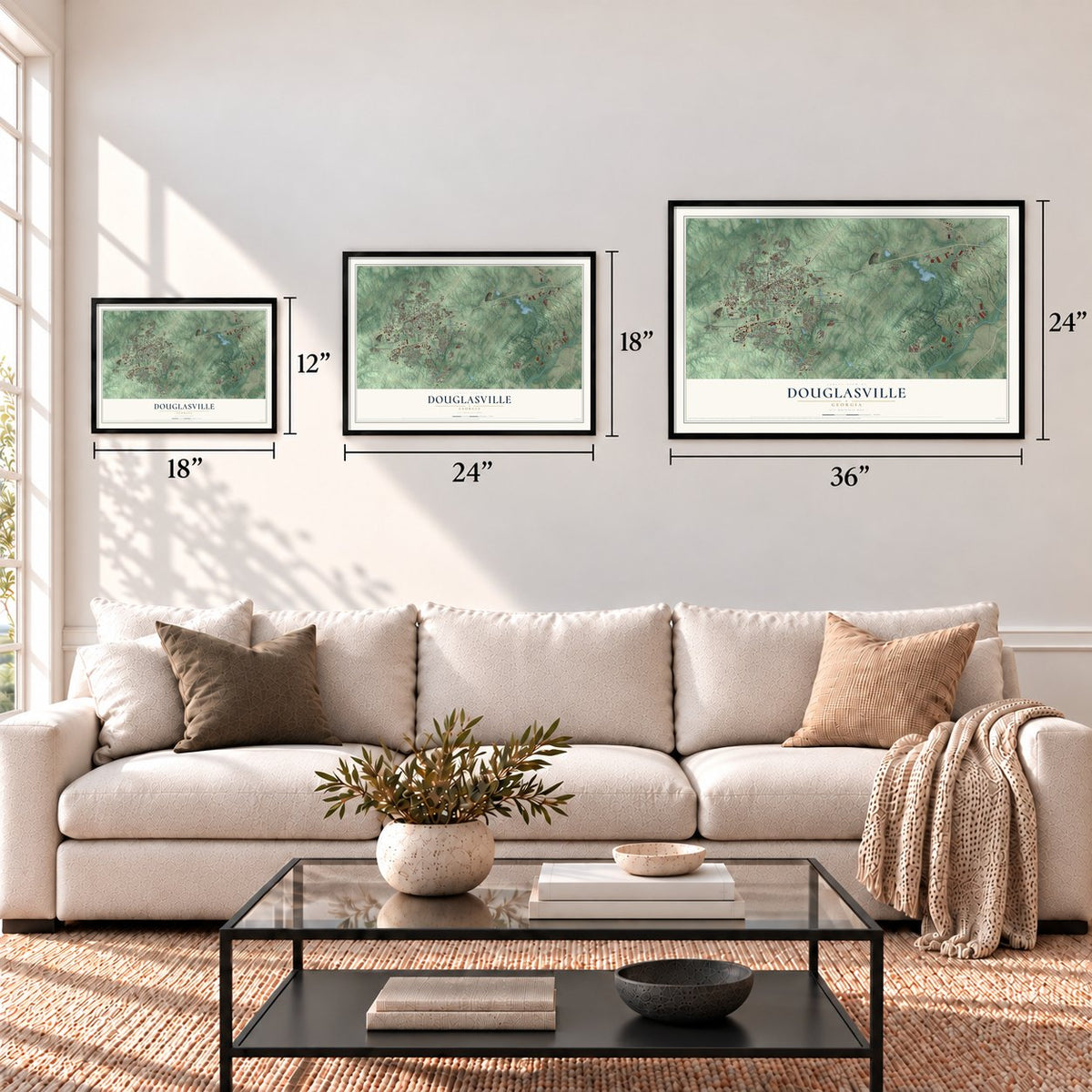 Douglasville, Georgia map in 12 x 18, 18 x 24 and 24 x 36 inch sizes above a sofa