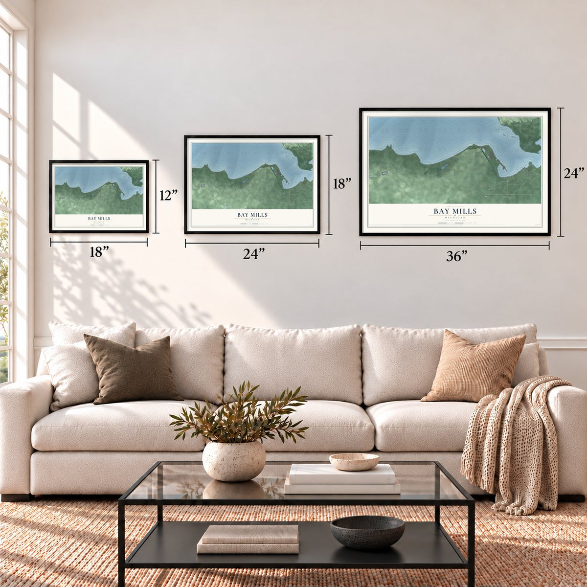 Bay Mills, Michigan map in 12 x 18, 18 x 24 and 24 x 36 inch sizes above a sofa