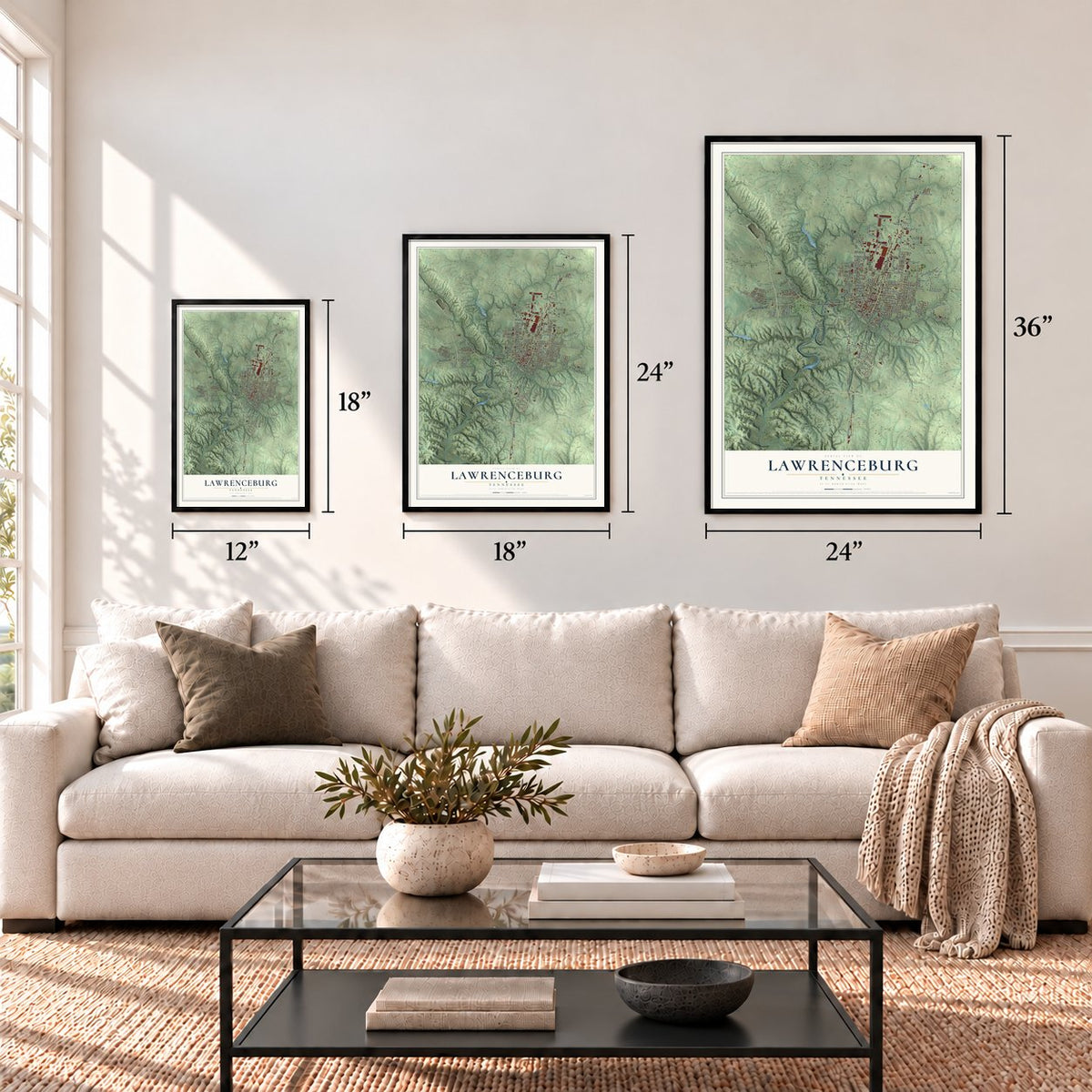 Lawrenceburg, Tennessee map in 12 x 18, 18 x 24 and 24 x 36 inch sizes above a sofa