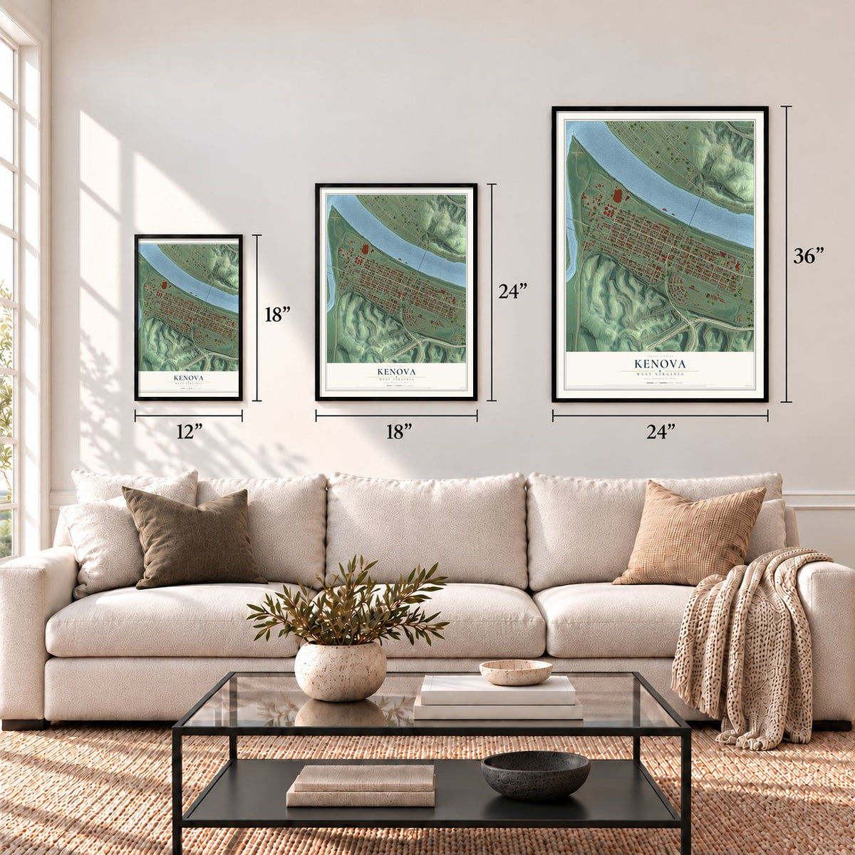 Kenova, West Virginia map in 12 x 18, 18 x 24 and 24 x 36 inch sizes above a sofa
