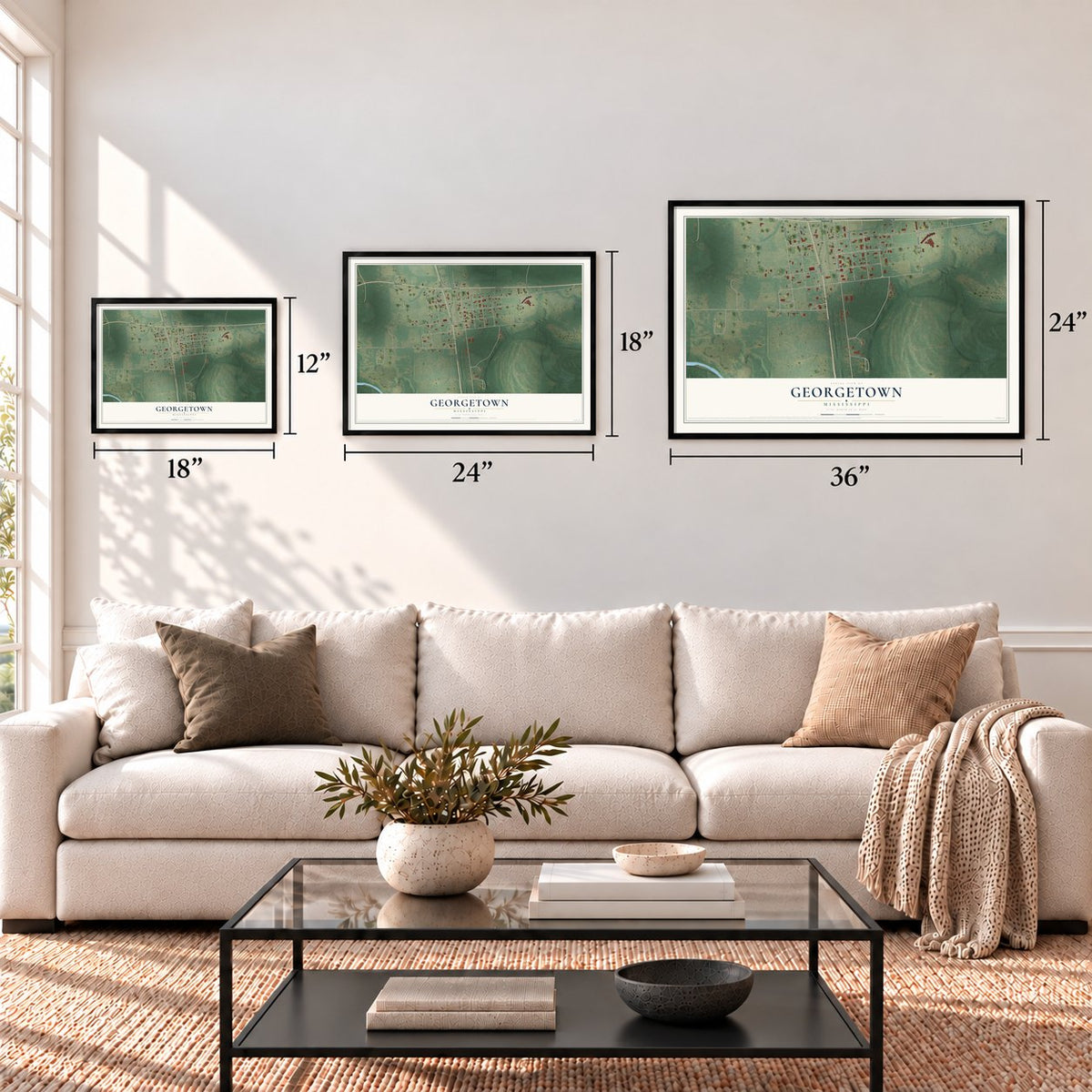 Georgetown, Mississippi map in 12 x 18, 18 x 24 and 24 x 36 inch sizes above a sofa