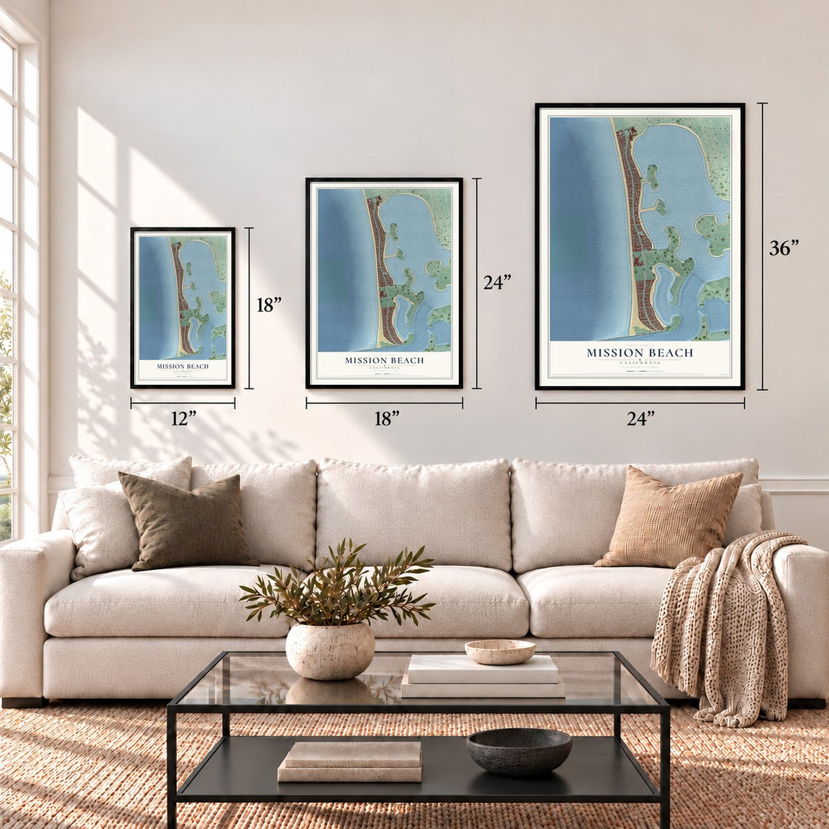 Mission Beach, California map in 12 x 18, 18 x 24 and 24 x 36 inch sizes above a sofa