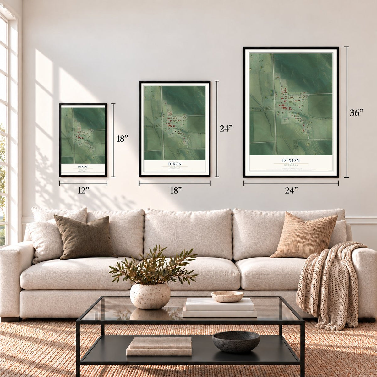 Dixon, Nebraska map in 12 x 18, 18 x 24 and 24 x 36 inch sizes above a sofa