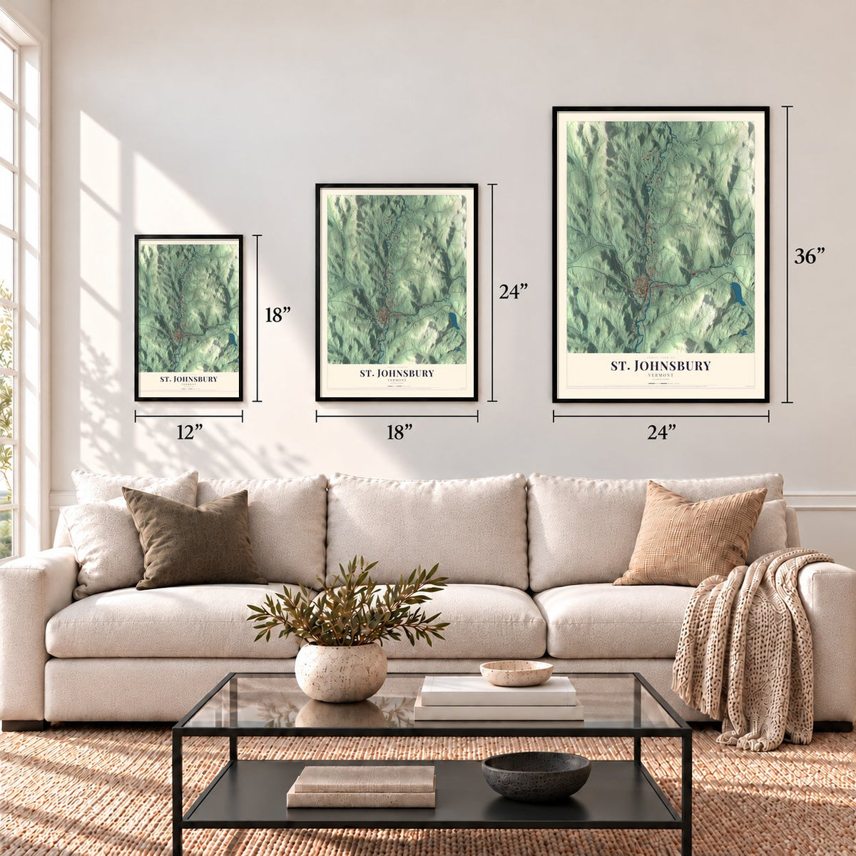 St. Johnsbury, Vermont map in 12 x 18, 18 x 24 and 24 x 36 inch sizes above a sofa