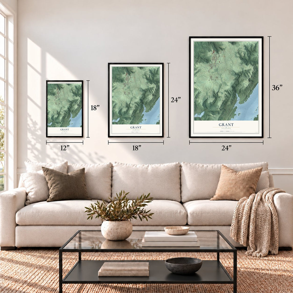 Grant, Alabama map in 12 x 18, 18 x 24 and 24 x 36 inch sizes above a sofa