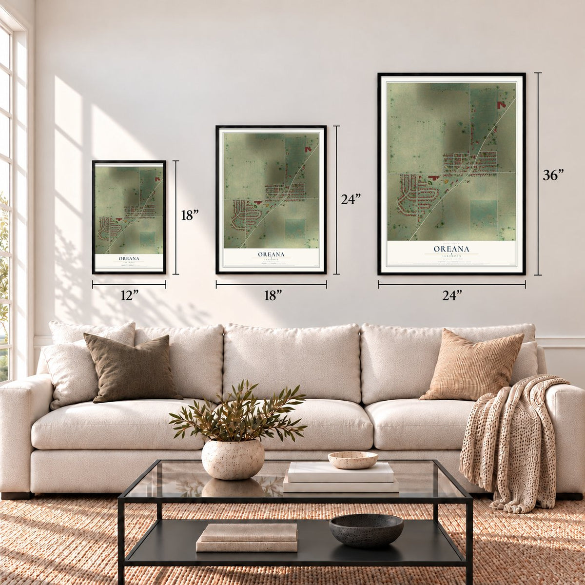 Oreana, Illinois map in 12 x 18, 18 x 24 and 24 x 36 inch sizes above a sofa