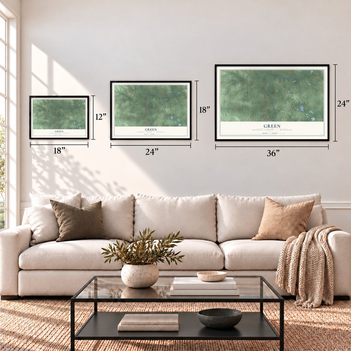 Green, Mecosta County, Michigan map in 12 x 18, 18 x 24 and 24 x 36 inch sizes above a sofa