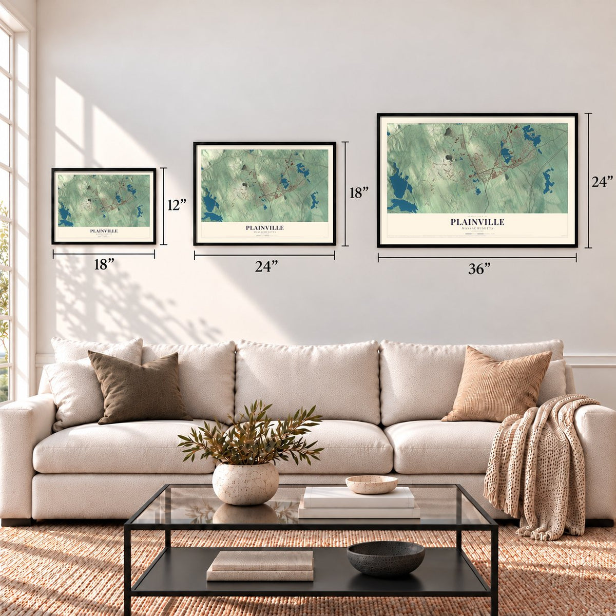 Plainville, Massachusetts map in 12 x 18, 18 x 24 and 24 x 36 inch sizes above a sofa