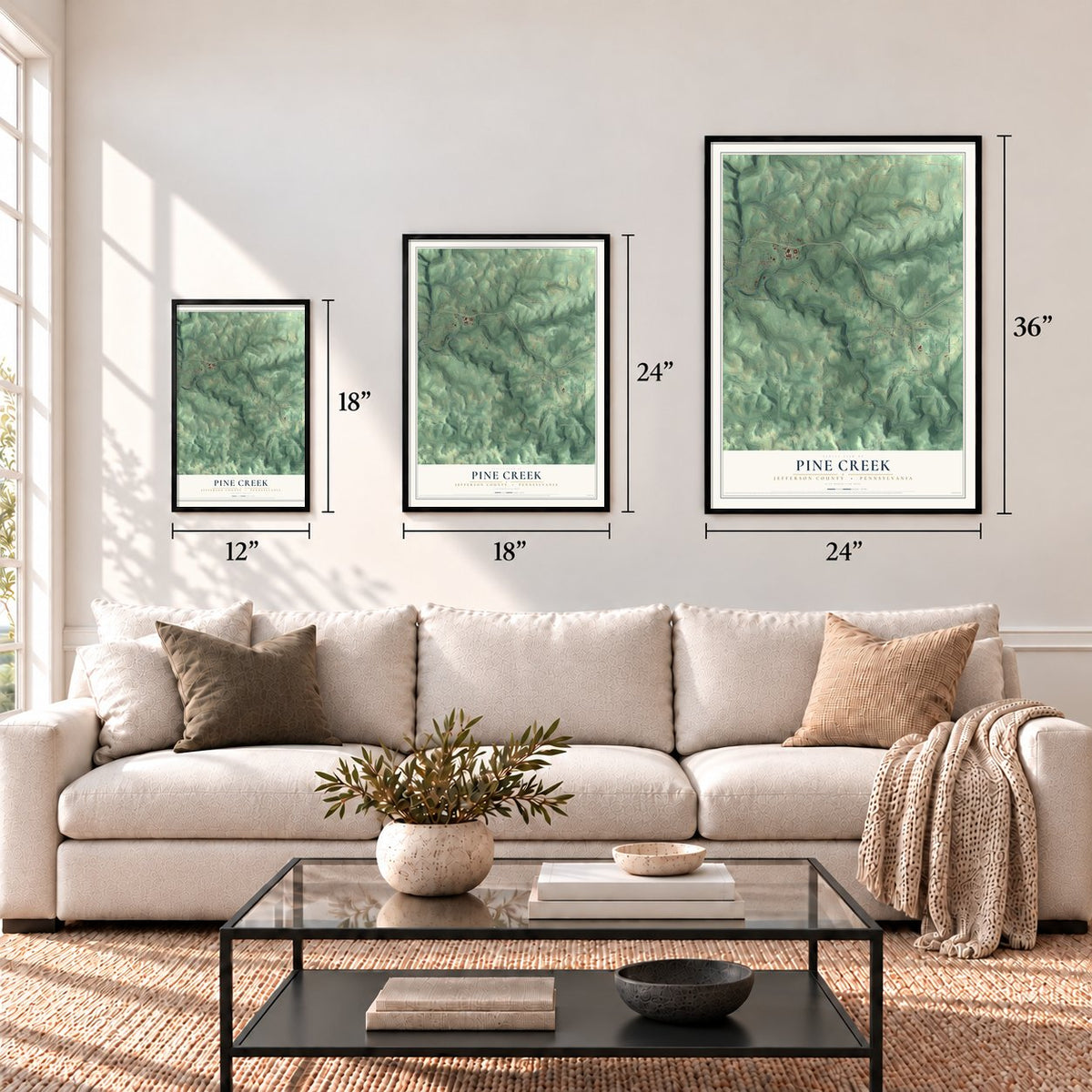 Pine Creek, Jefferson County, Pennsylvania map in 12 x 18, 18 x 24 and 24 x 36 inch sizes above a sofa