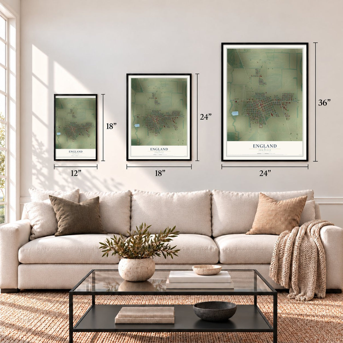 England, Arkansas map in 12 x 18, 18 x 24 and 24 x 36 inch sizes above a sofa