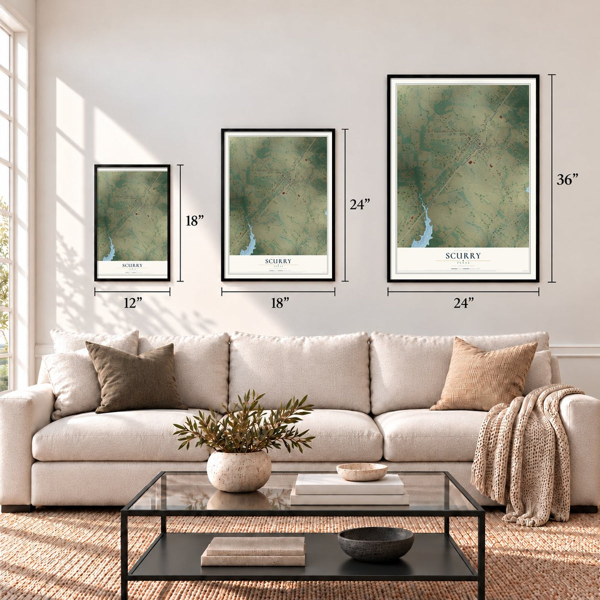 Scurry, Texas map in 12 x 18, 18 x 24 and 24 x 36 inch sizes above a sofa