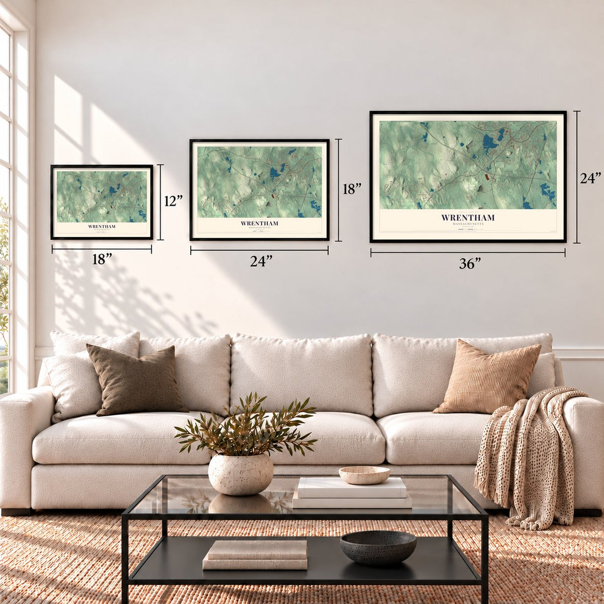 Wrentham, Massachusetts map in 12 x 18, 18 x 24 and 24 x 36 inch sizes above a sofa