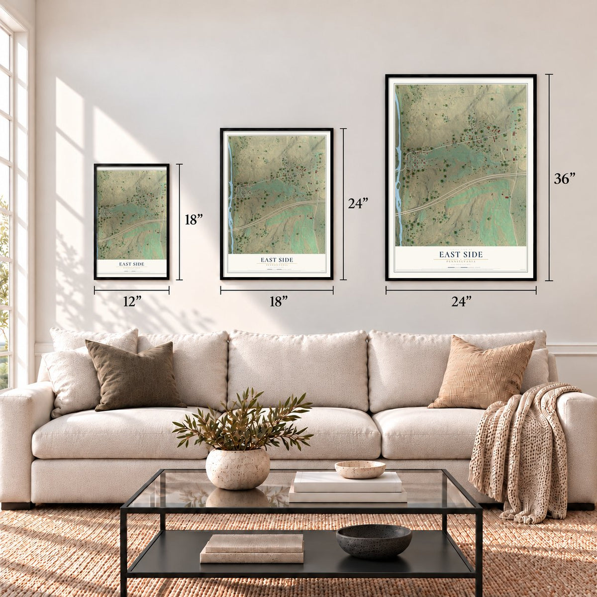 East Side, Pennsylvania map in 12 x 18, 18 x 24 and 24 x 36 inch sizes above a sofa