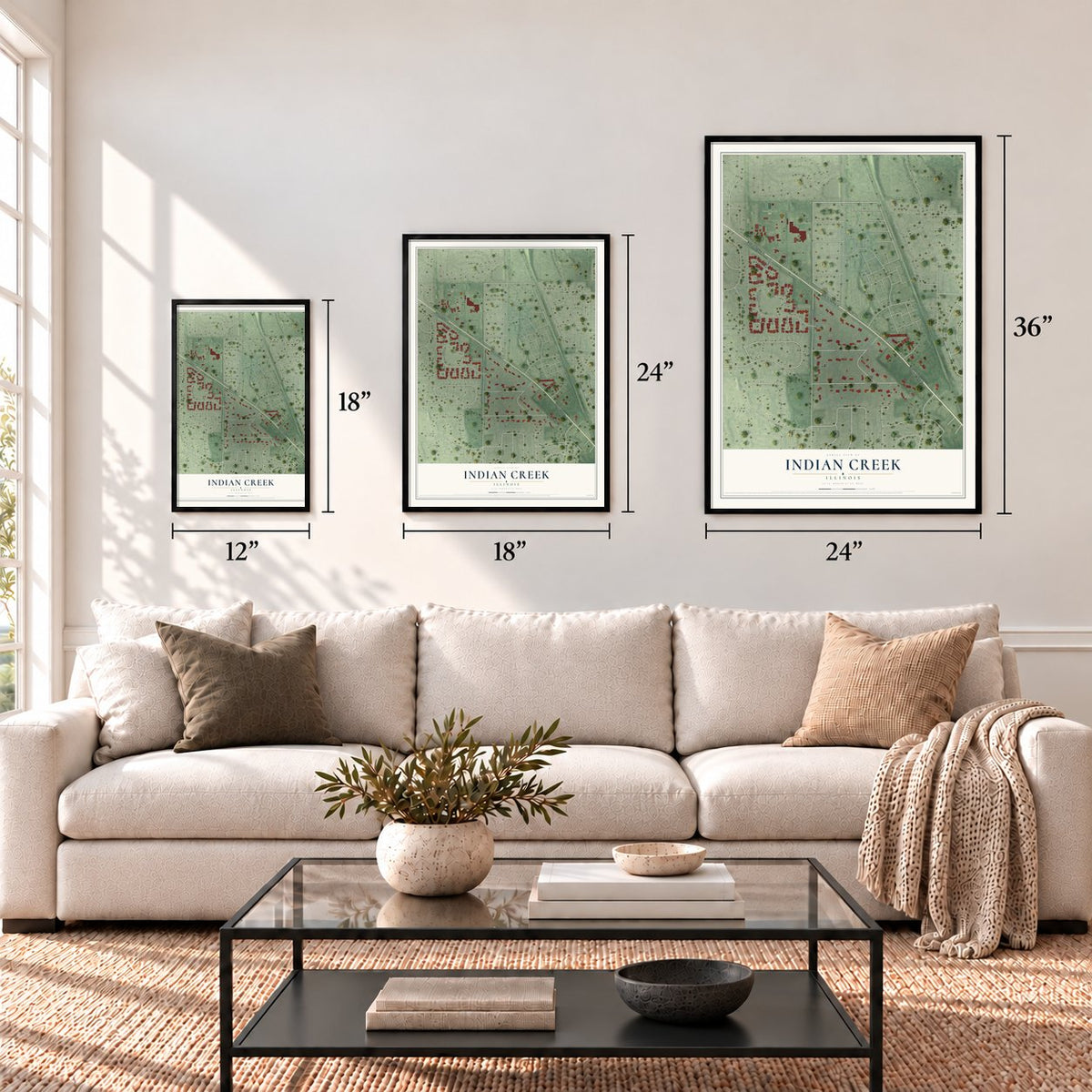 Indian Creek, Illinois map in 12 x 18, 18 x 24 and 24 x 36 inch sizes above a sofa