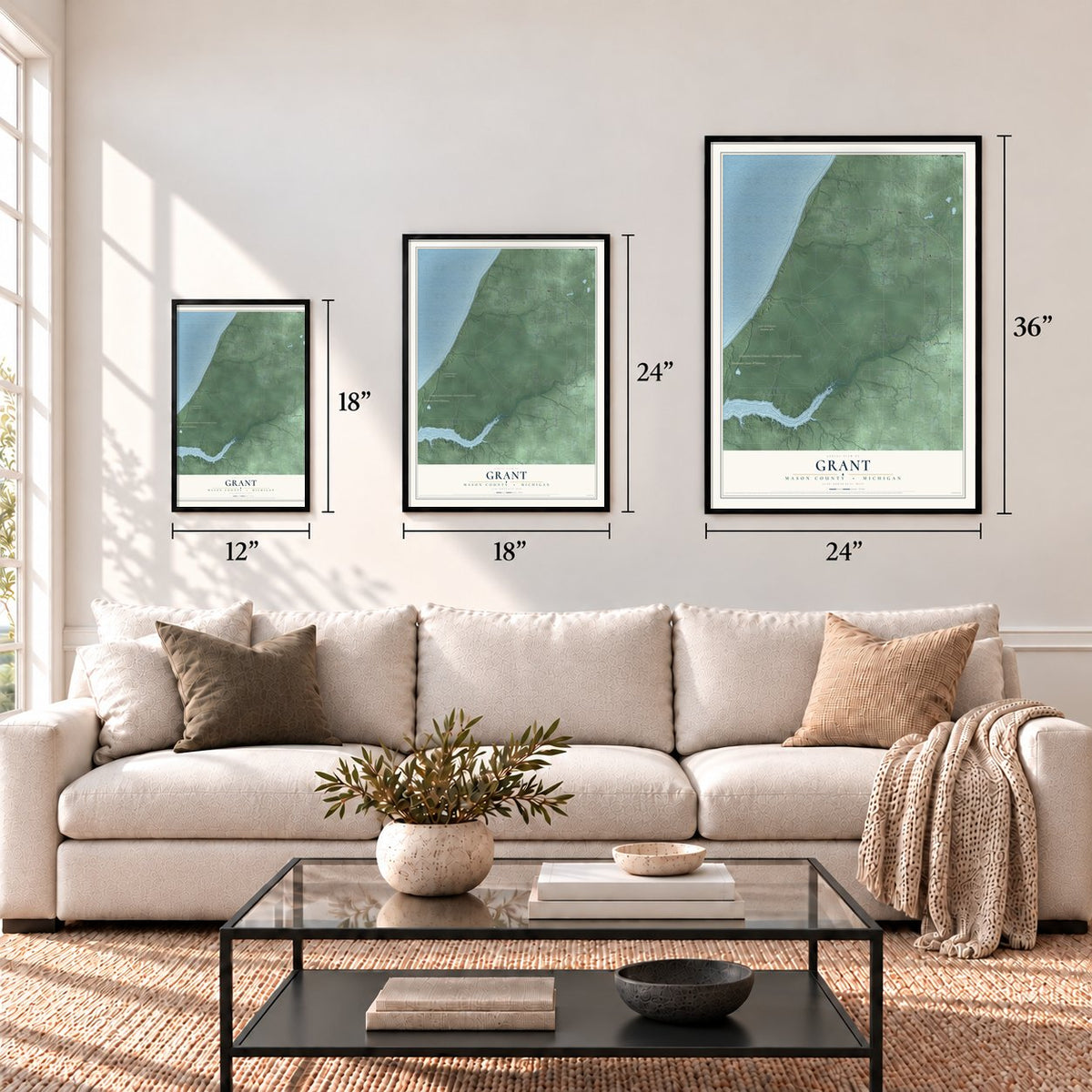 Grant, Mason County, Michigan map in 12 x 18, 18 x 24 and 24 x 36 inch sizes above a sofa