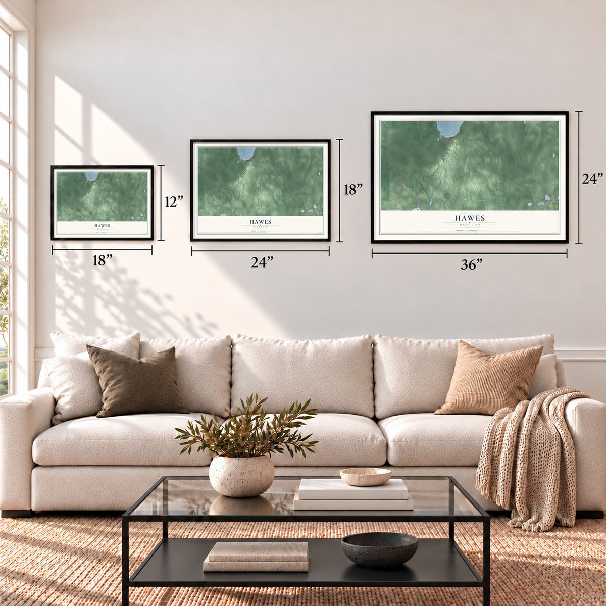 Hawes, Michigan map in 12 x 18, 18 x 24 and 24 x 36 inch sizes above a sofa