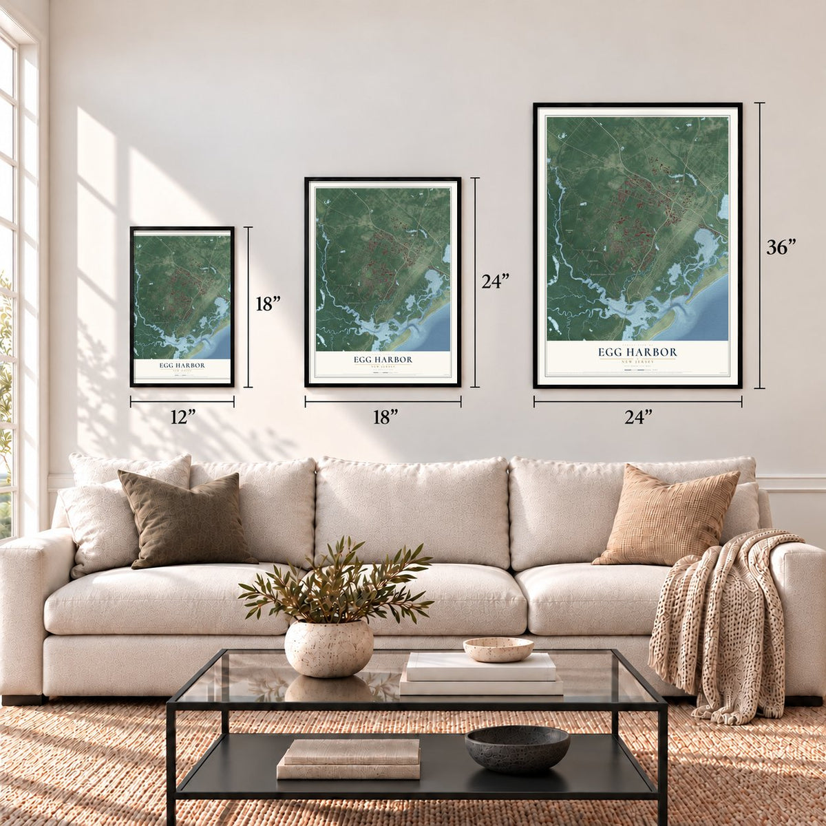 Egg Harbor, New Jersey map in 12 x 18, 18 x 24 and 24 x 36 inch sizes above a sofa