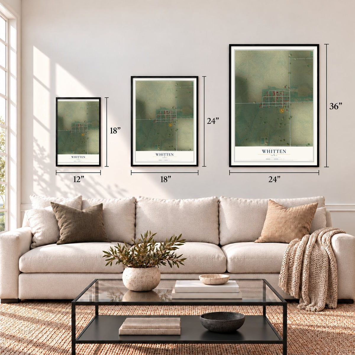Whitten, Iowa map in 12 x 18, 18 x 24 and 24 x 36 inch sizes above a sofa