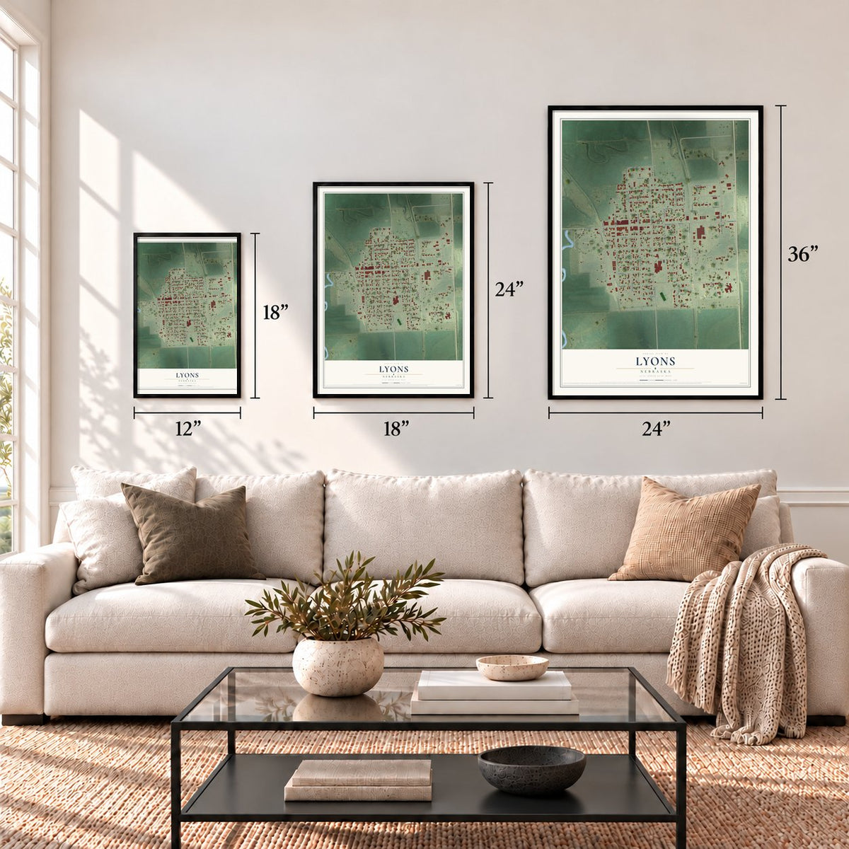 Lyons, Nebraska map in 12 x 18, 18 x 24 and 24 x 36 inch sizes above a sofa