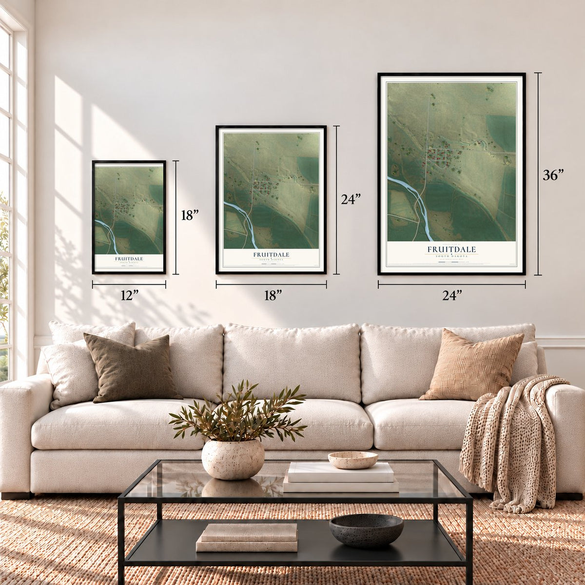 Fruitdale, South Dakota map in 12 x 18, 18 x 24 and 24 x 36 inch sizes above a sofa