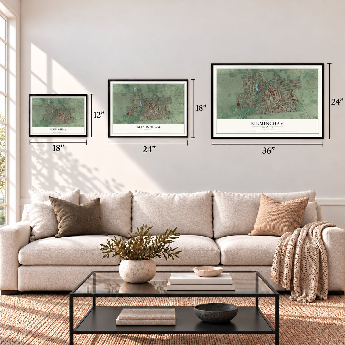 Birmingham, Michigan map in 12 x 18, 18 x 24 and 24 x 36 inch sizes above a sofa