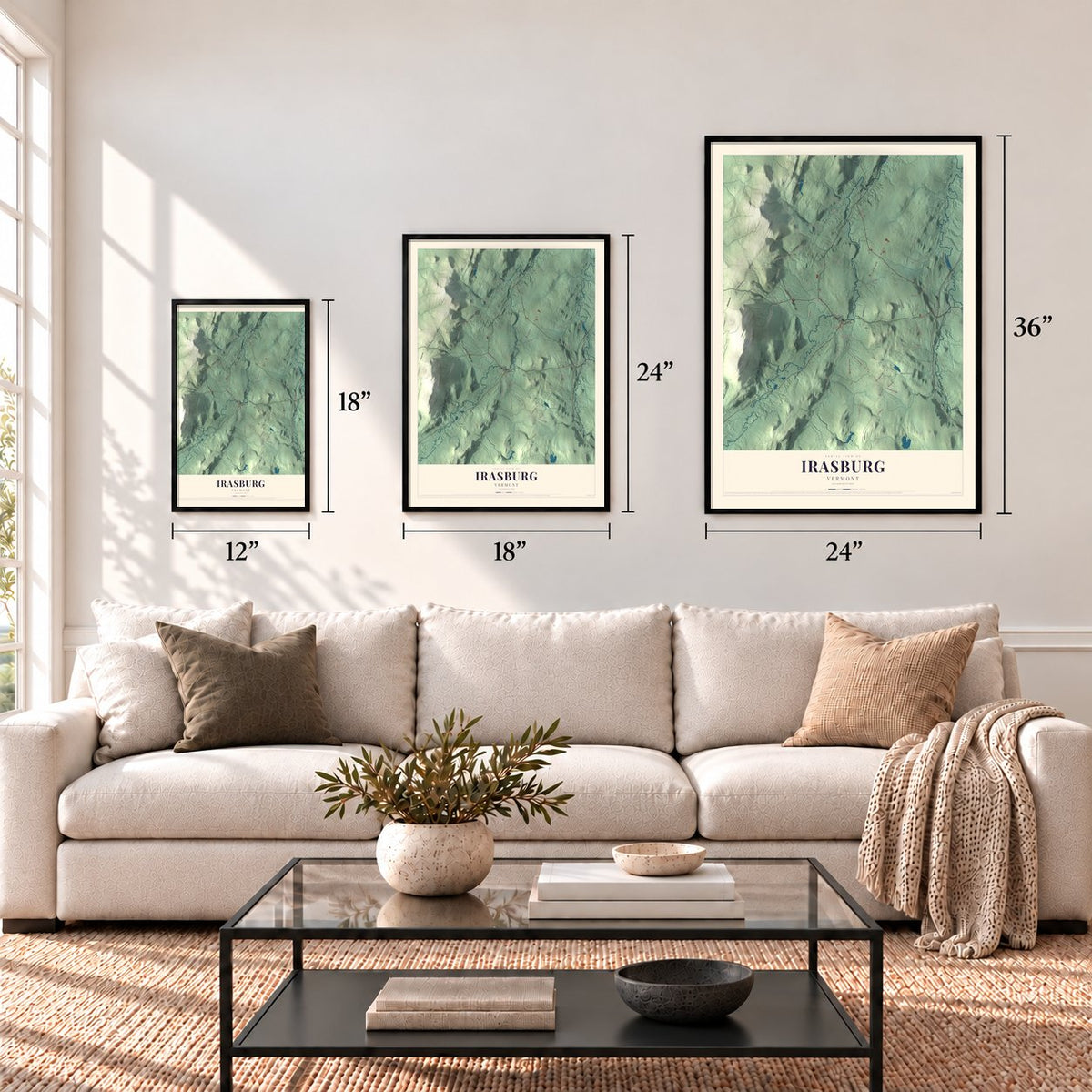 Irasburg, Vermont map in 12 x 18, 18 x 24 and 24 x 36 inch sizes above a sofa