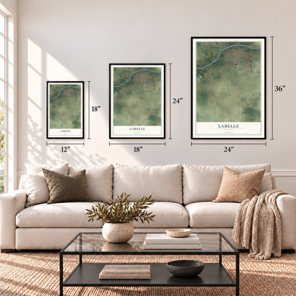 LaBelle, Florida map in 12 x 18, 18 x 24 and 24 x 36 inch sizes above a sofa