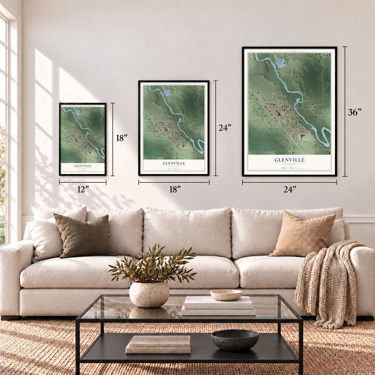 Glenville, Minnesota map in 12 x 18, 18 x 24 and 24 x 36 inch sizes above a sofa