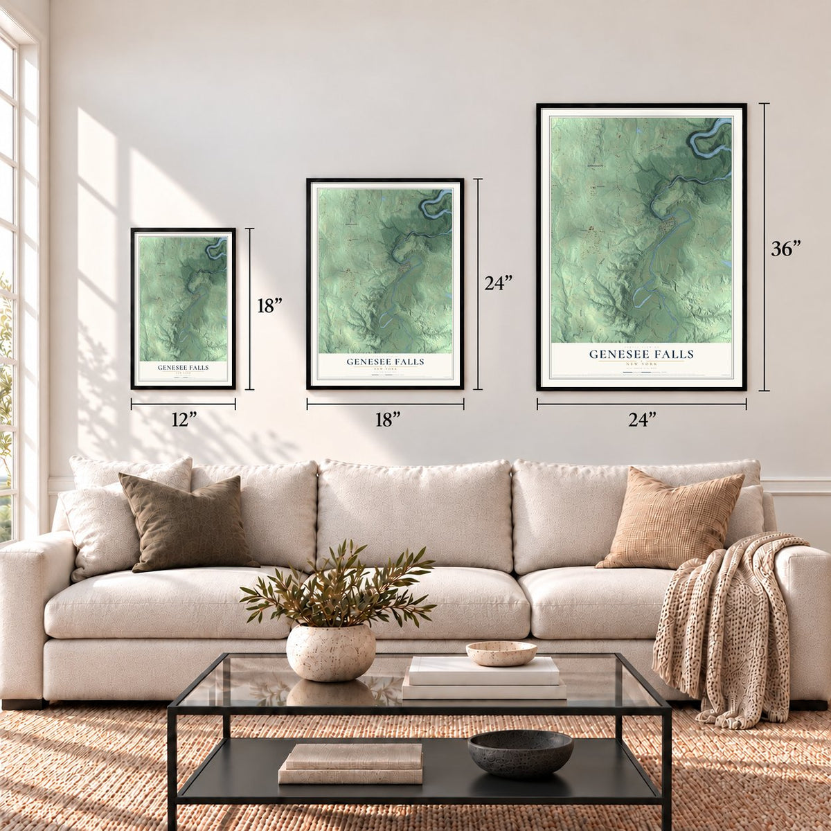 Genesee Falls, New York map in 12 x 18, 18 x 24 and 24 x 36 inch sizes above a sofa